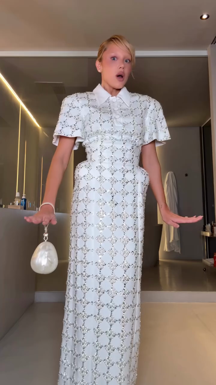 White Lace Midi Dress with Shirt Collar-ROVOLE