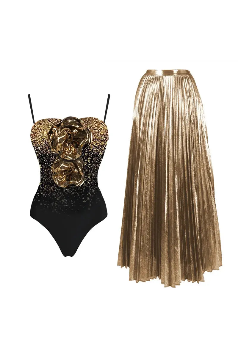 3D Floral Sequin Print Strapless Swimsuit Set-ROVOLE