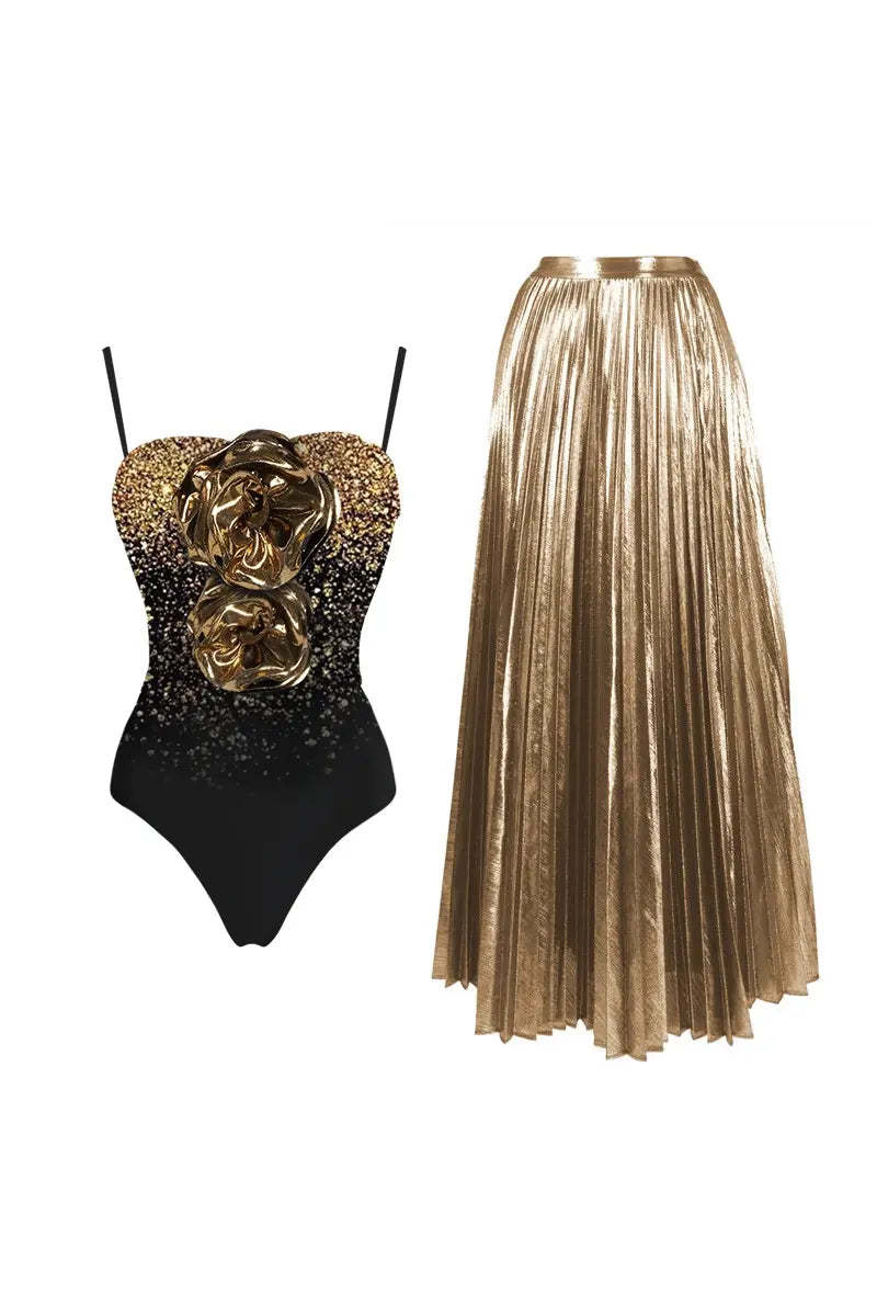 3D Floral Sequin Print Strapless Swimsuit Set-ROVOLE