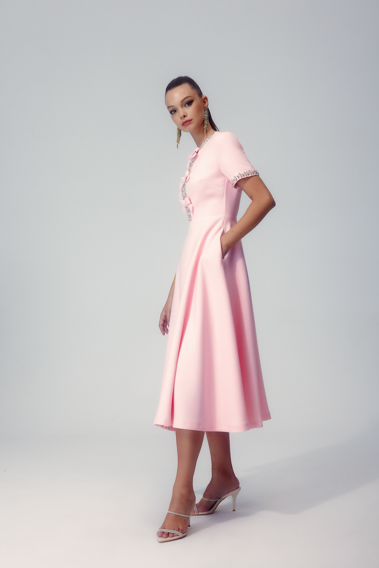 Zoe Bowknot Crystal-embellished Midi Dress-ROVOLE