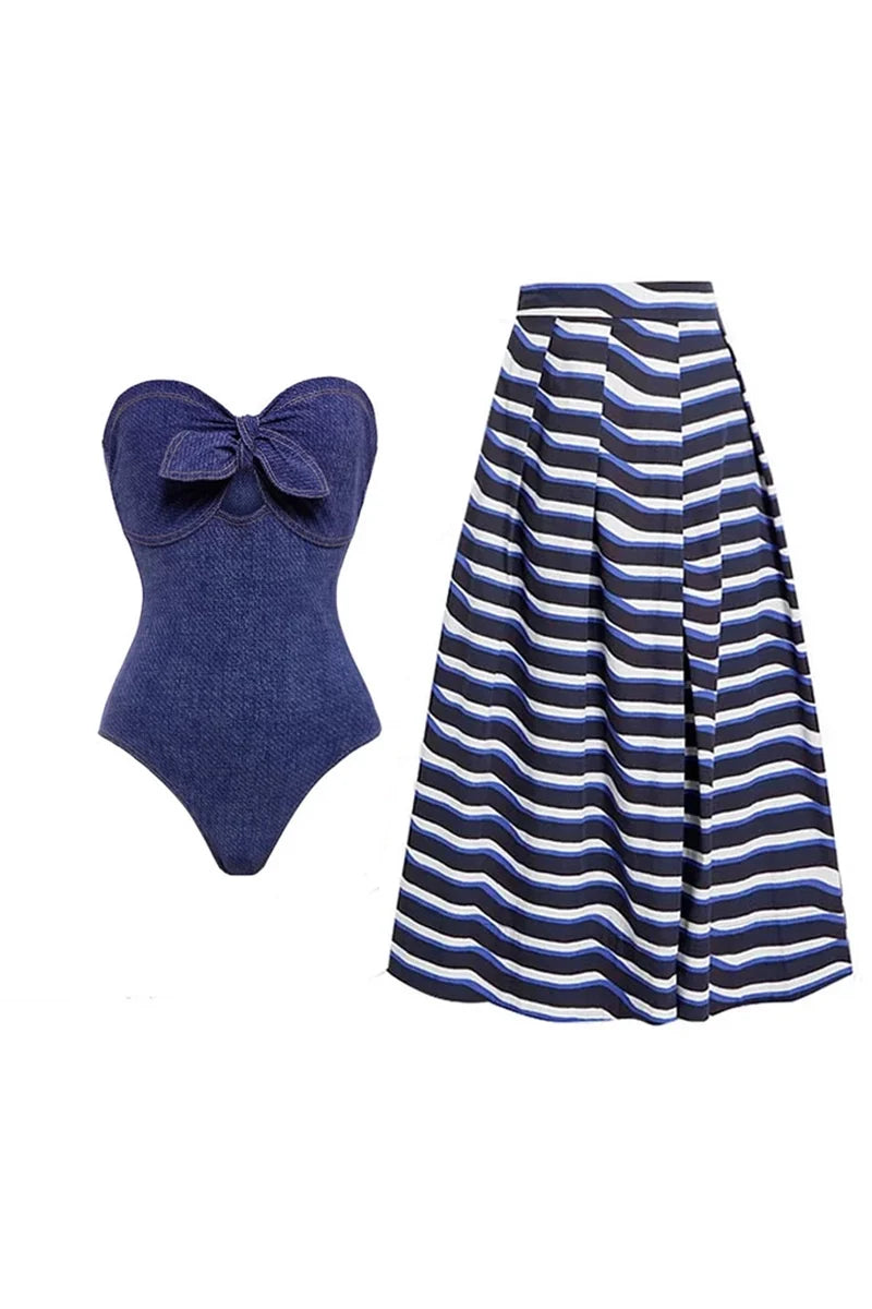 Denim Bandeau One Piece Swimsuit Set-ROVOLE