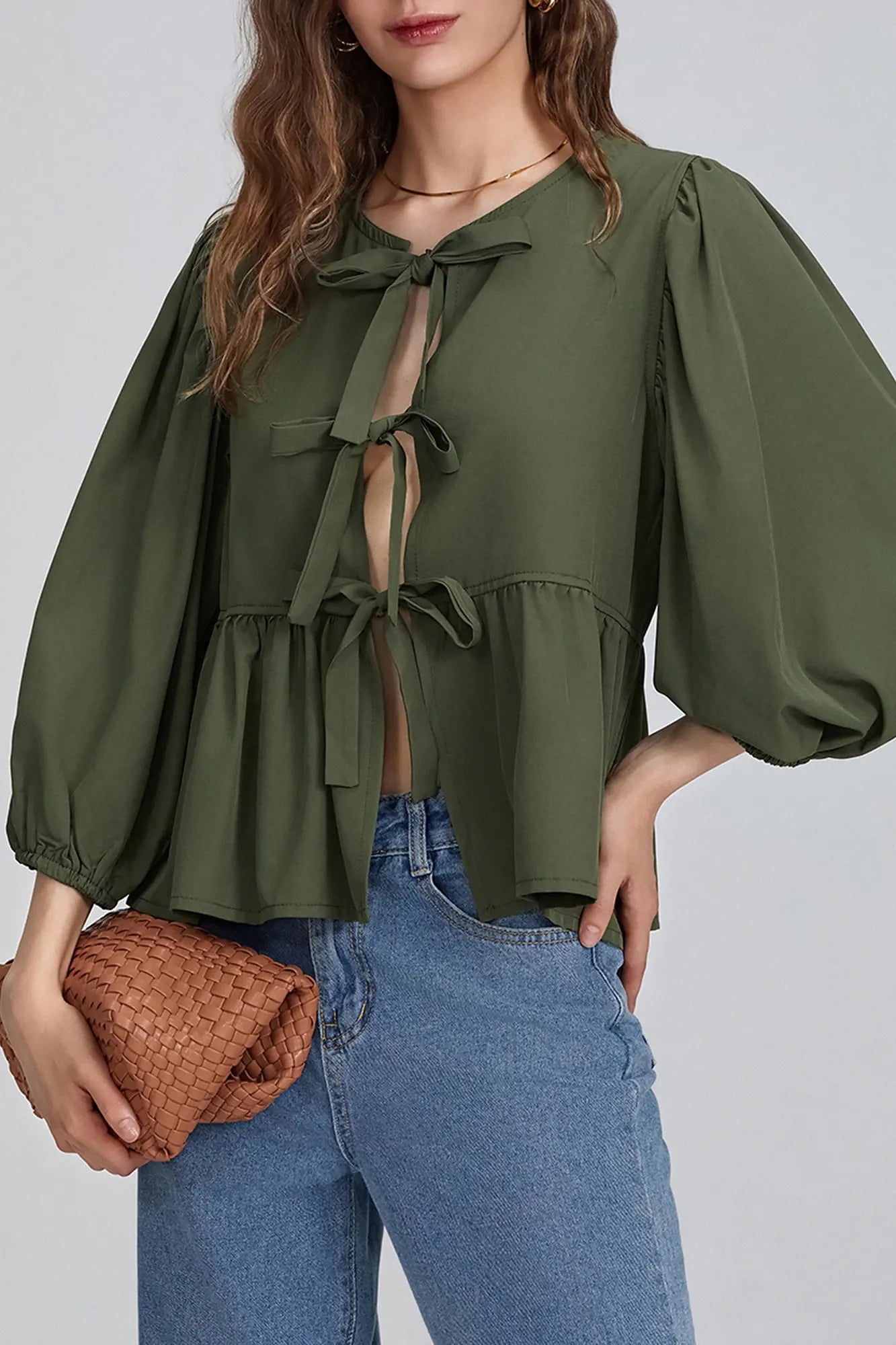 Puff Sleeve Peplum Bow Ties Blouse Top-ROVOLE
