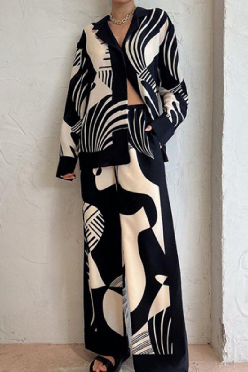 Trendy Graffiti Print Loose Wide Leg Pants Set-ROVOLE