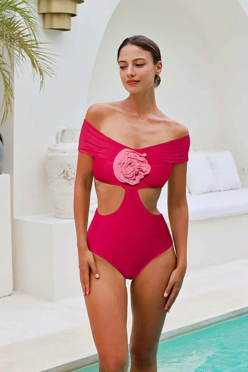 Floral Appliqué Cutout One Piece Swimsuit Set-ROVOLE
