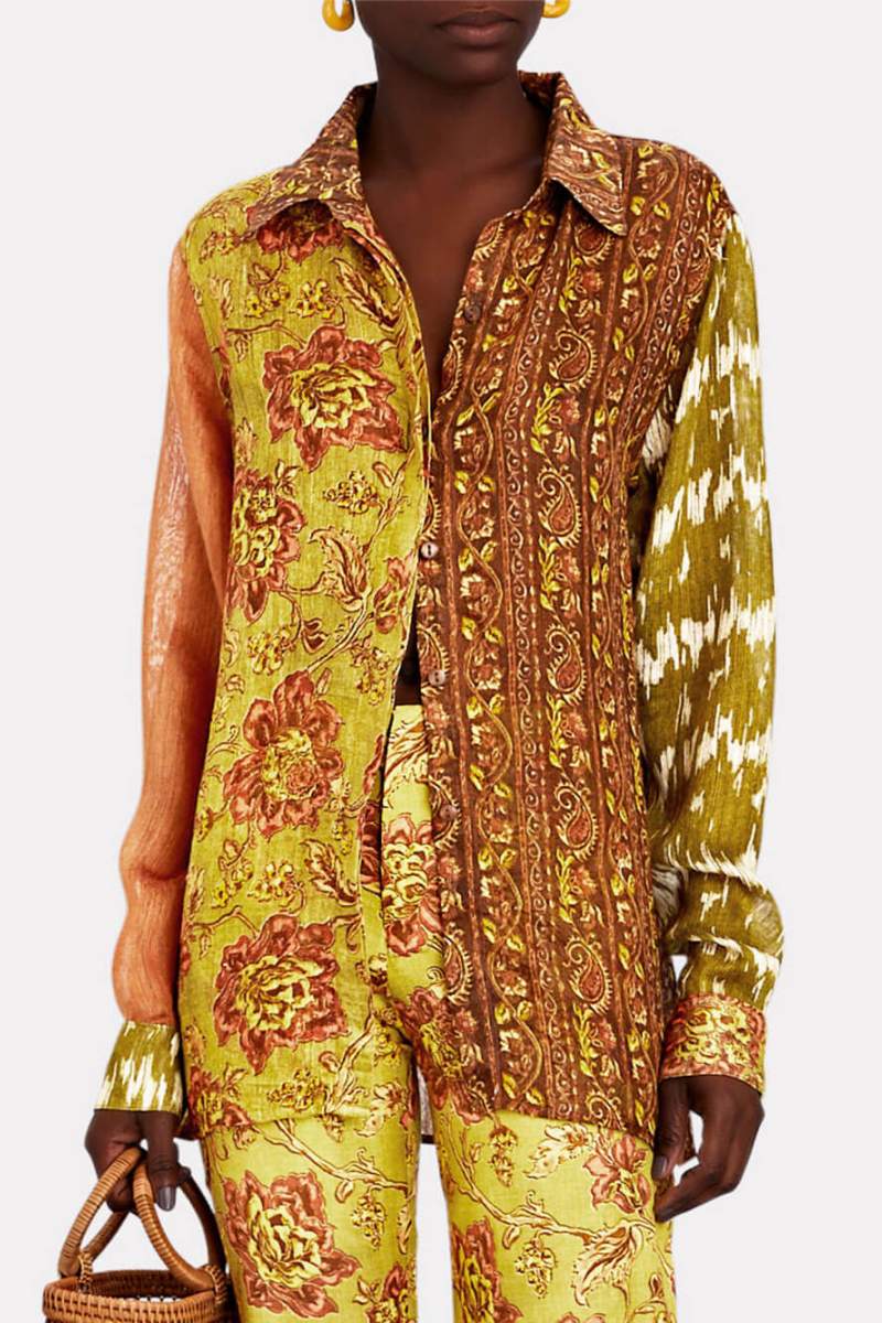 Unique Cliff Recycled Ethnic Print Button Top-ROVOLE