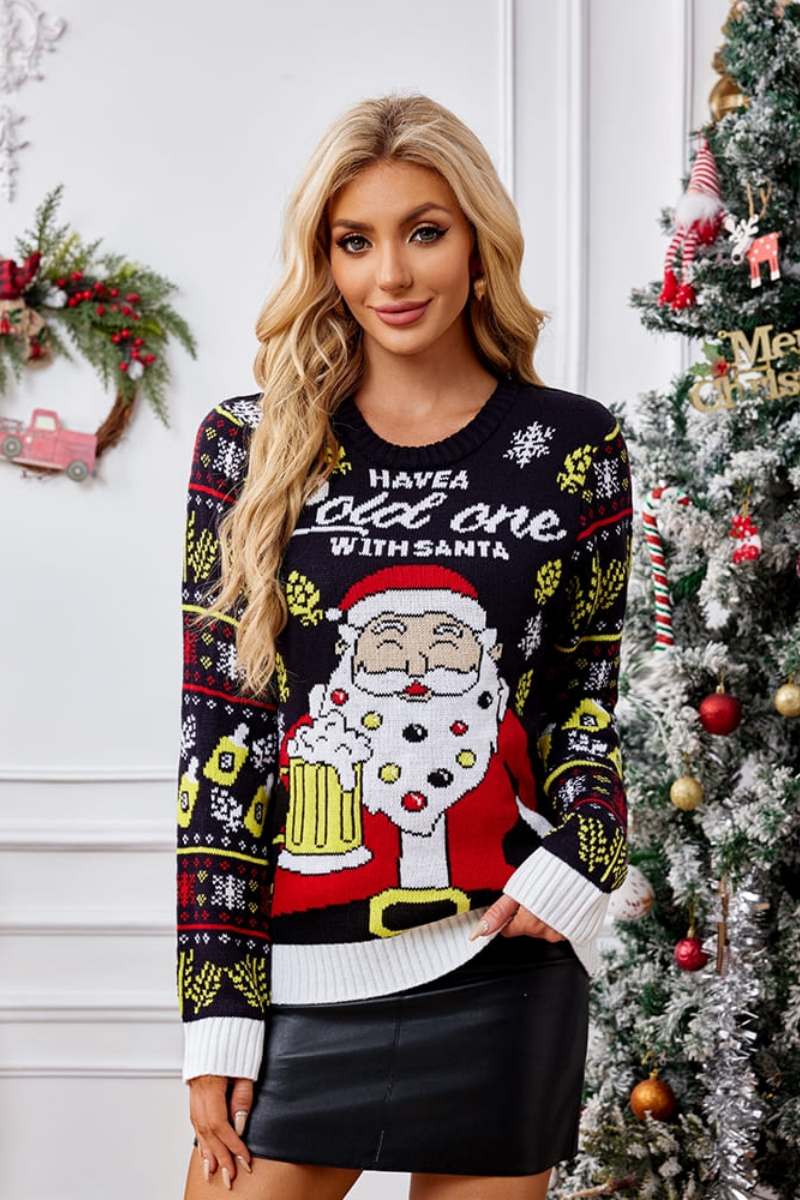 Casual Crewneck Knit Sweater – Santa Claus Enjoying a Beer-ROVOLE