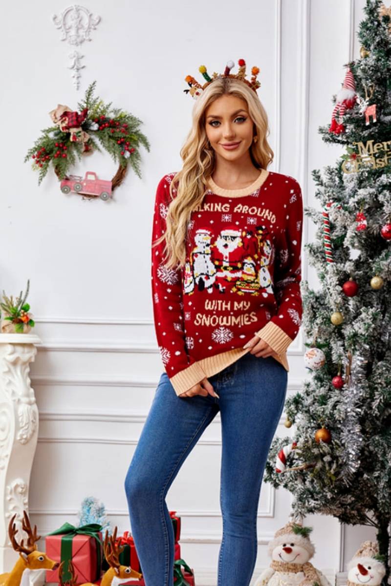 Casual Crewneck Embroidered Sweater – Santa Claus & Penguin-ROVOLE