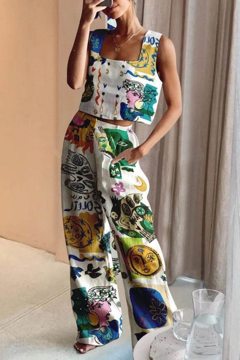 Unique Print Tank and Back Elastic Waist Pocketed Pants Set-ROVOLE