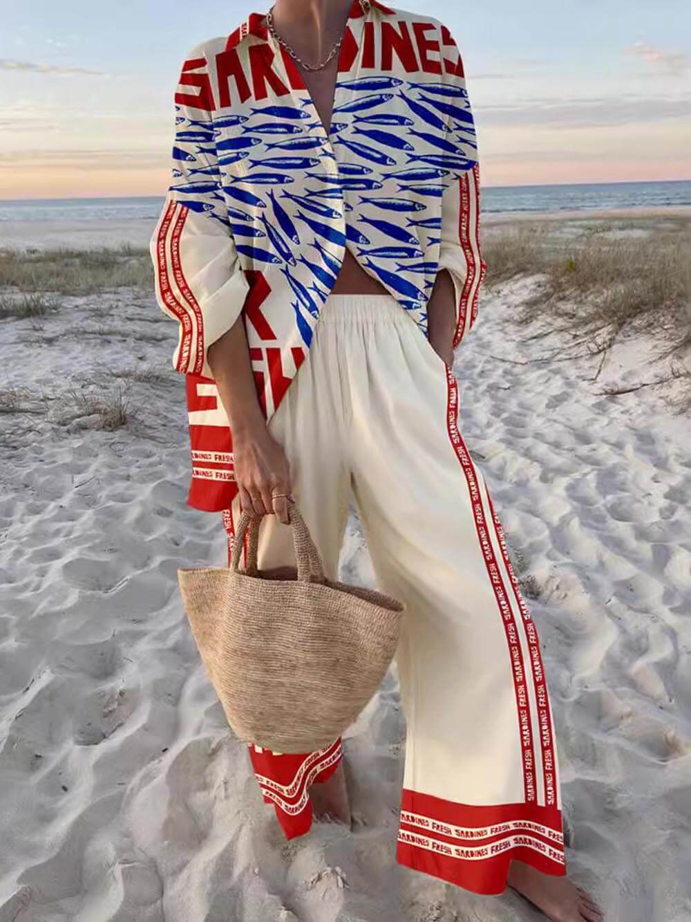 Unique Casual Print Loose Oversized Shirt Wide-Leg Pants Set-ROVOLE