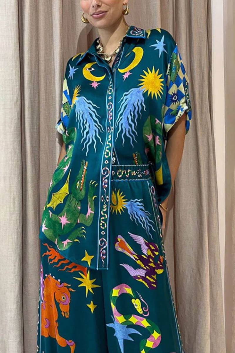 Unique Print Elastic Waist Pocketed Wide Leg Pants Set-ROVOLE