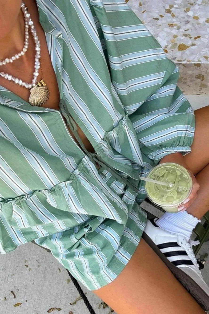 Lantern Sleeve Stripe Shirt Shorts Sets-ROVOLE
