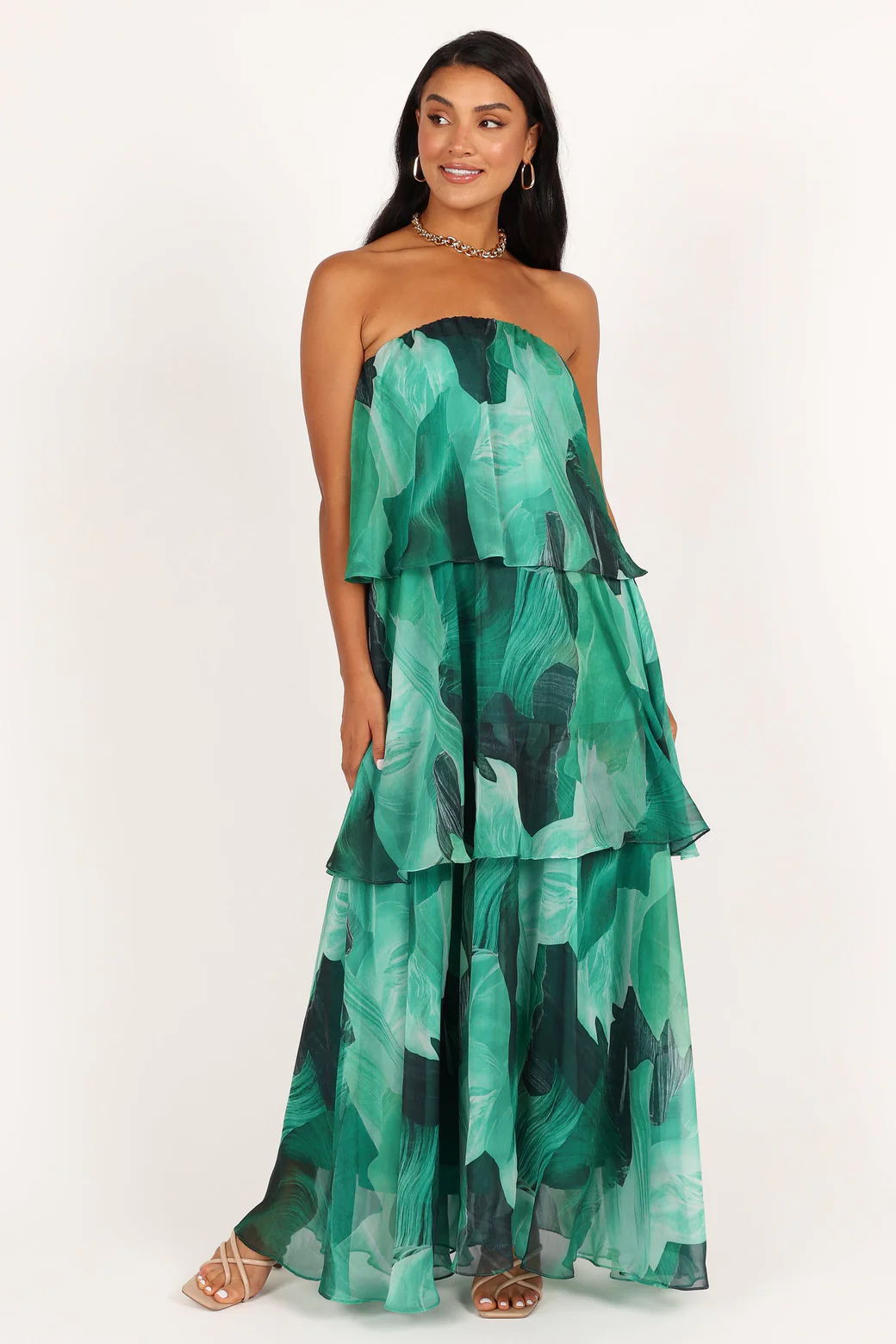 Calista Green Bloom Strapless Tiered Maxi Dress-ROVOLE