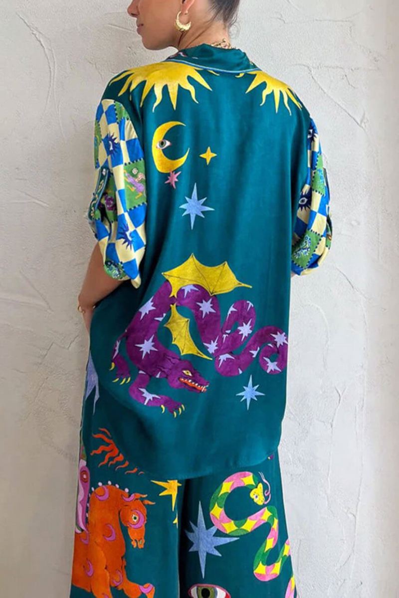 Unique Print Elastic Waist Pocketed Wide Leg Pants Set-ROVOLE