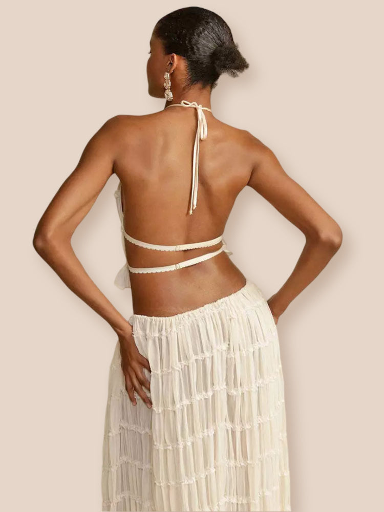 Charm Pleated Drawstring Waist Tiered Maxi Skirt-ROVOLE