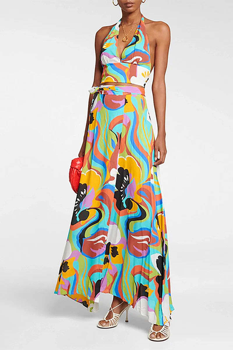 Deep V Halter Neck Print Sexy Swimsuit Set-ROVOLE