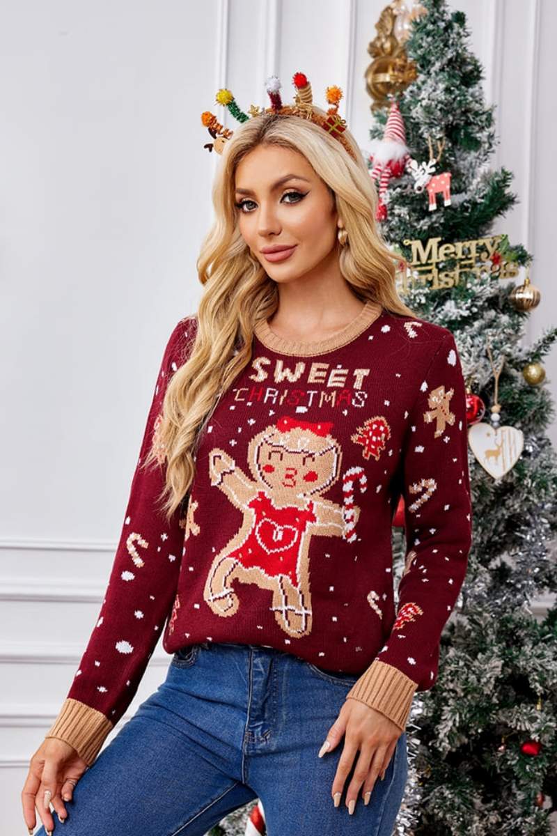 Casual Crewneck Embroidered Sweater – Gingerbread Man-ROVOLE
