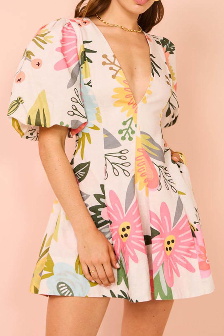 Floral Print Puff Sleeve Pocketed Mini Dress-ROVOLE