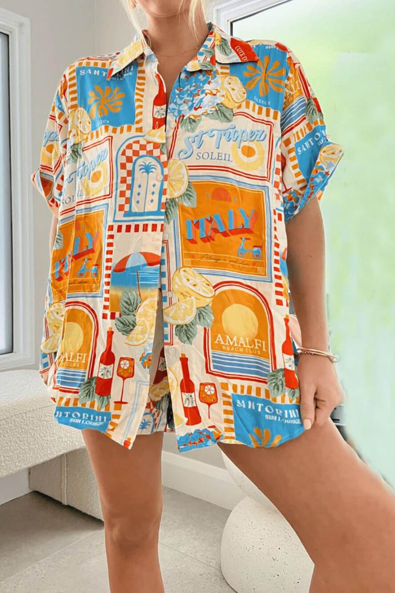 Sun Lounger Loose Printed Shirt Shorts Set-ROVOLE