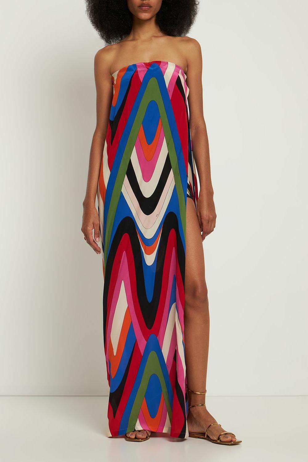 Strapless Side Slit Moiré Print Maxi Dress-ROVOLE