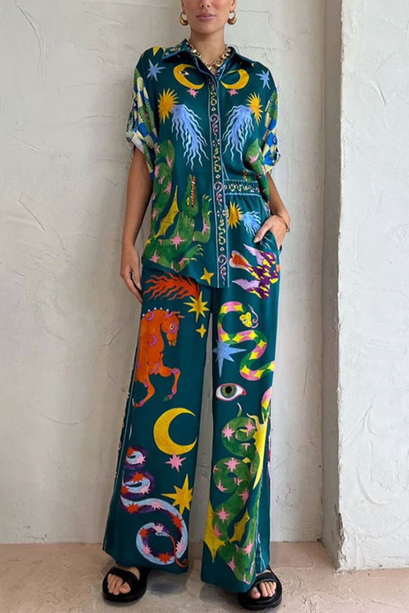 Unique Print Elastic Waist Pocketed Wide Leg Pants Set-ROVOLE