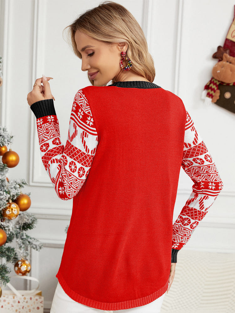 Christmas Long Sleeve Cat Appliqué Round Neck Sweater-ROVOLE