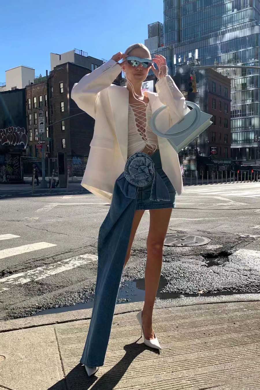 Denim Mini Skirt With 3D Roses-ROVOLE