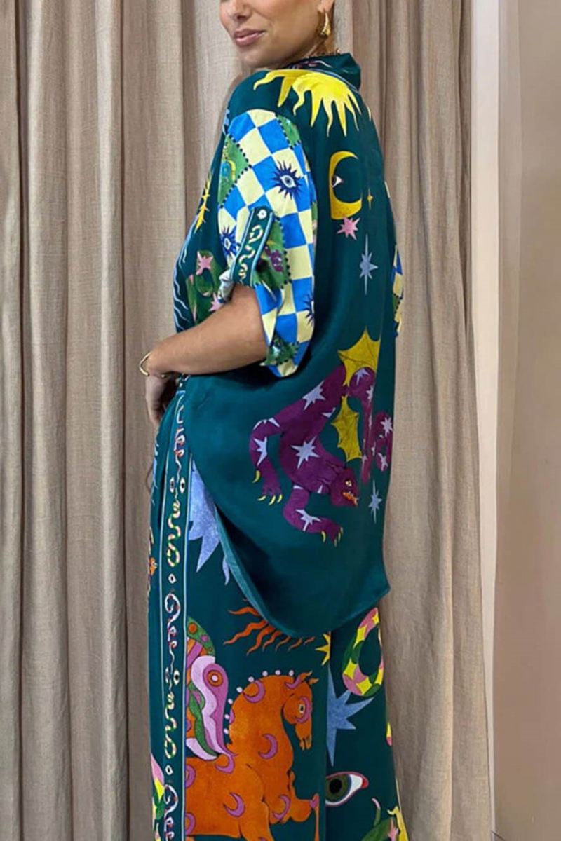 Unique Print Elastic Waist Pocketed Wide Leg Pants Set-ROVOLE