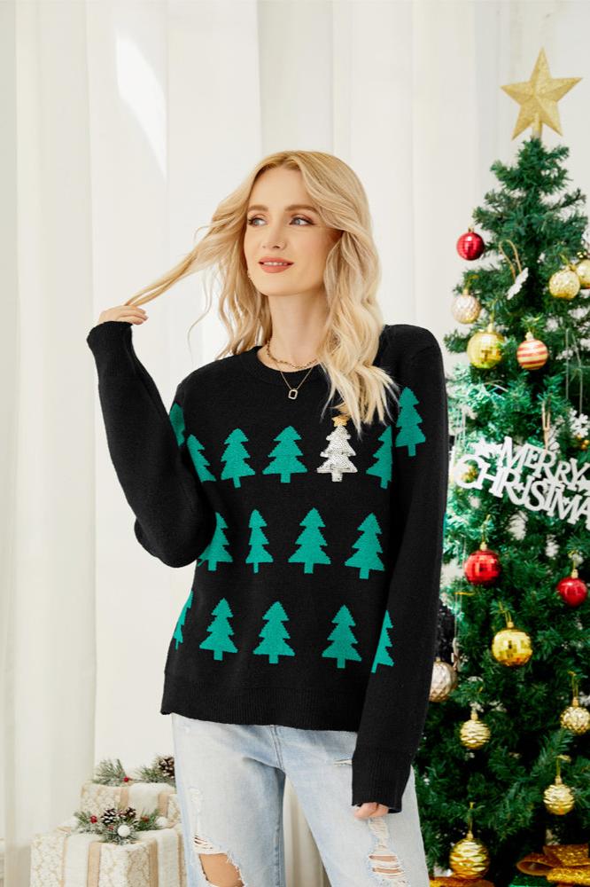 Sparkling Sequin Christmas Tree Knit Sweater-ROVOLE