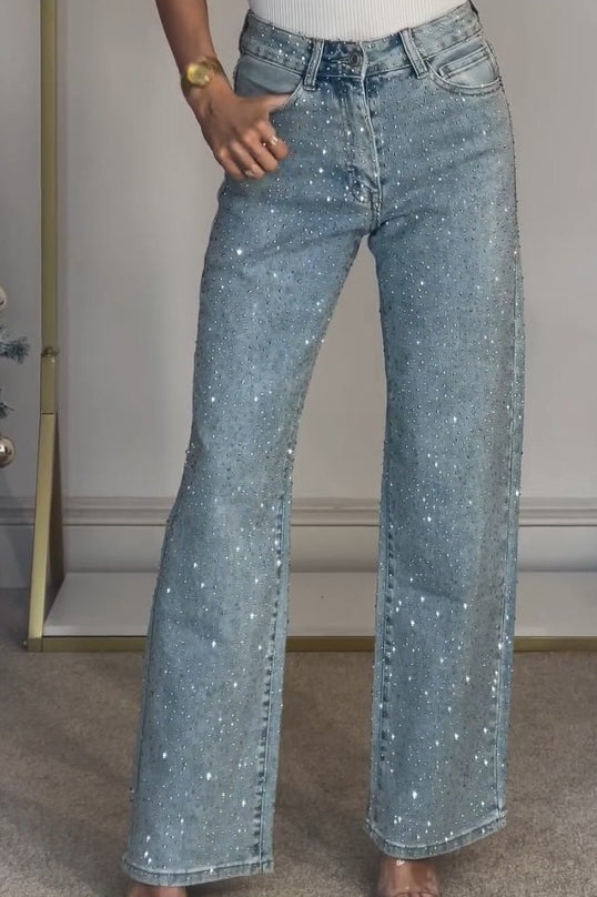 High Waisted Diamanté Straight Leg Jeans-ROVOLE