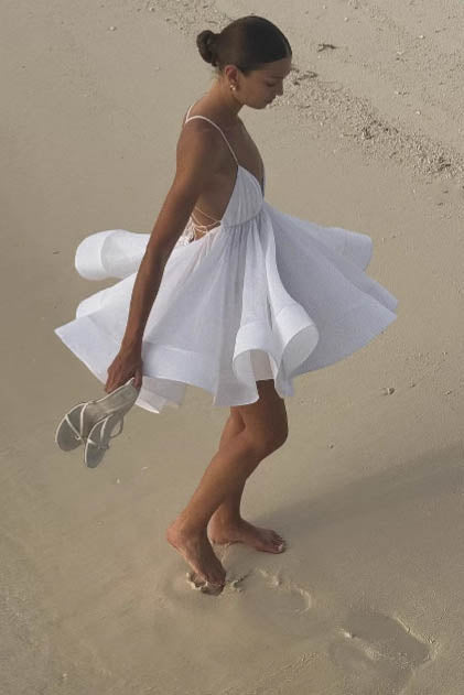 Flared Hem Deep V Backless Mini Dress-ROVOLE