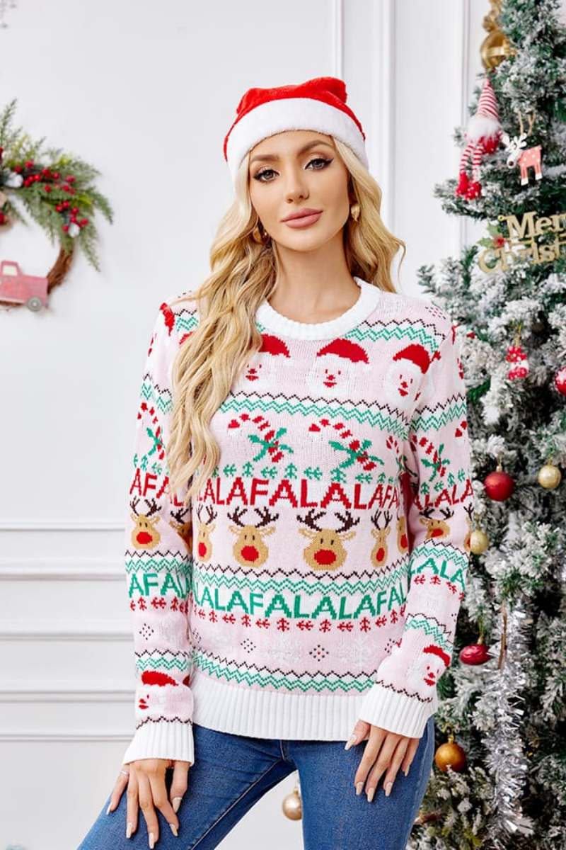 Loose-Fit Round Neck Christmas Cartoon Knit Sweater - Pink-ROVOLE