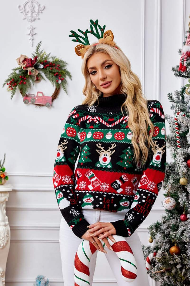 High Neck Christmas Snowman Embroidery Sweater-ROVOLE
