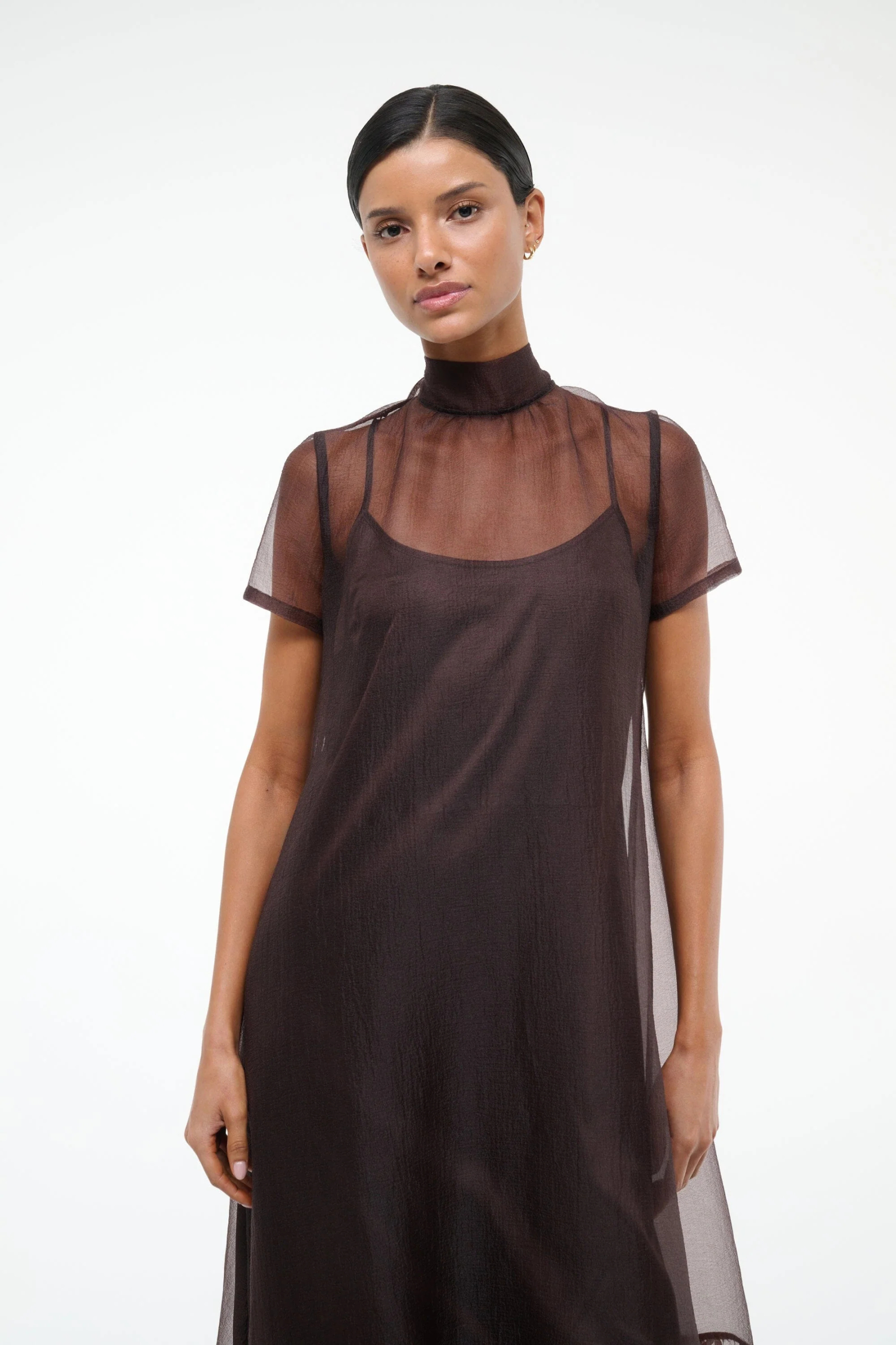 Sheer Turtleneck Bow-Back Tiered Maxi Dress