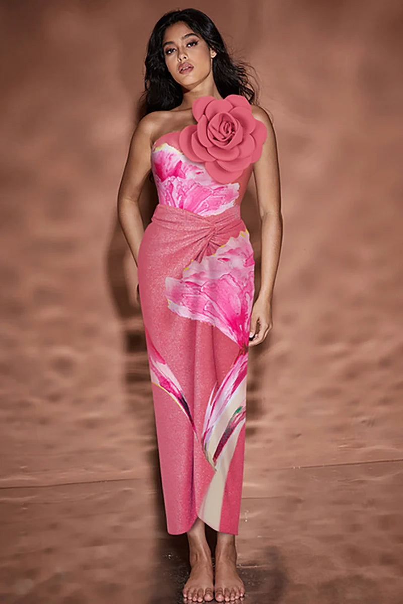 3D Floral Pink Print Swimsuit Set-ROVOLE