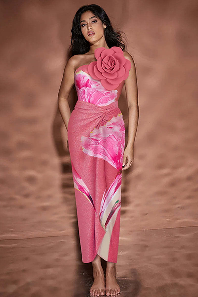 3D Floral Pink Print Swimsuit Set-ROVOLE