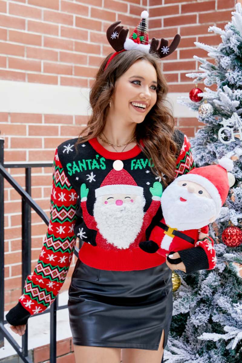 Embroidered Santa Claus Pattern Casual Crew Neck Knit Sweater-ROVOLE