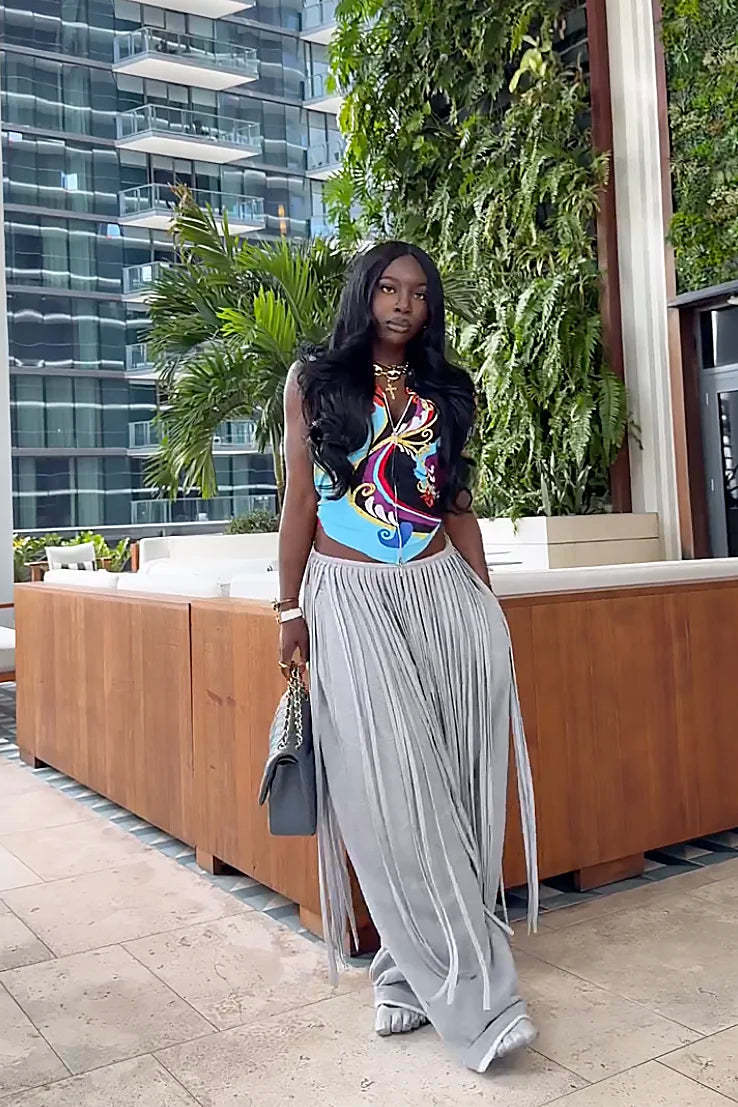 Grey Loose Fringe Pants-ROVOLE