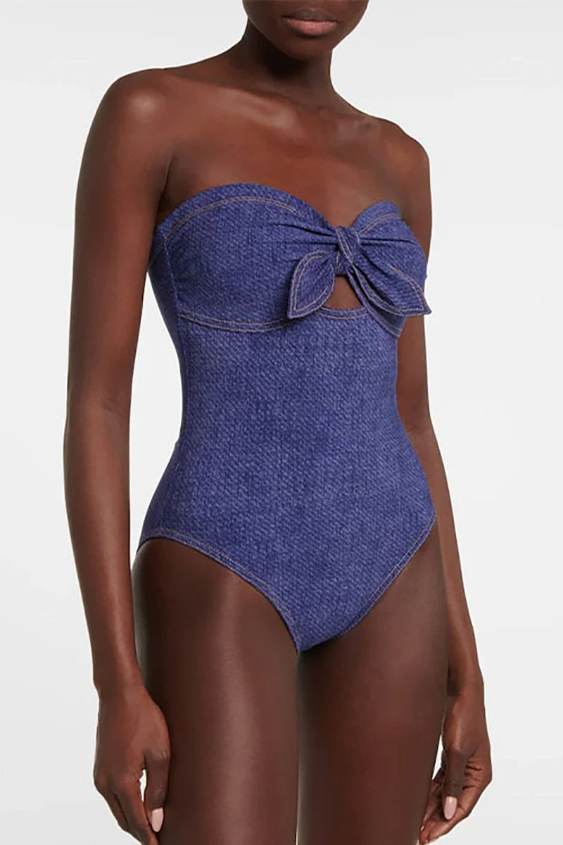 Denim Bandeau One Piece Swimsuit Set-ROVOLE