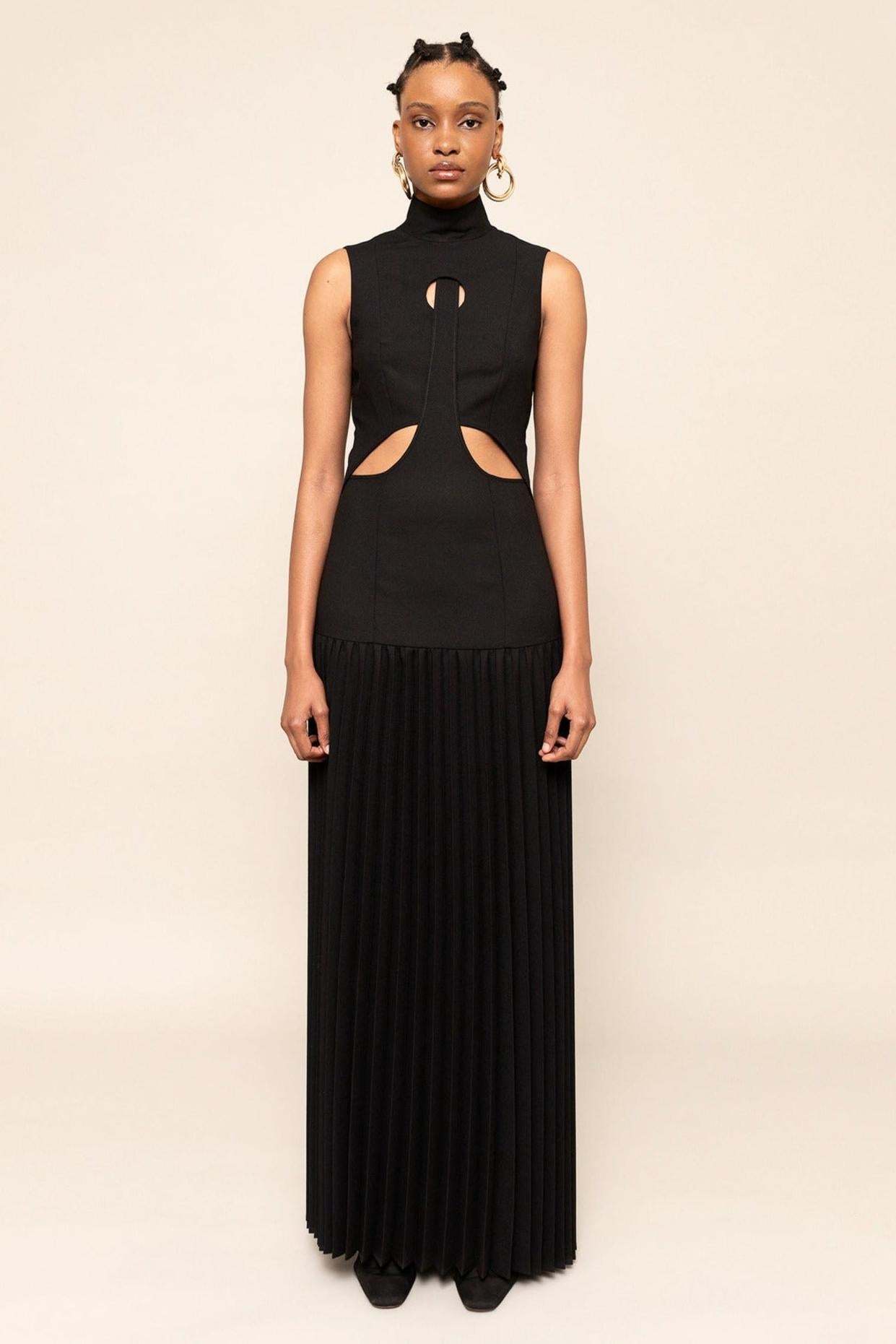 Pleated Cutout Maxi Dress-ROVOLE