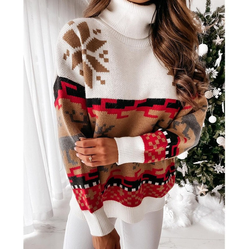 Knit Pullover with Embroidered Reindeer and Snowflake Design-ROVOLE