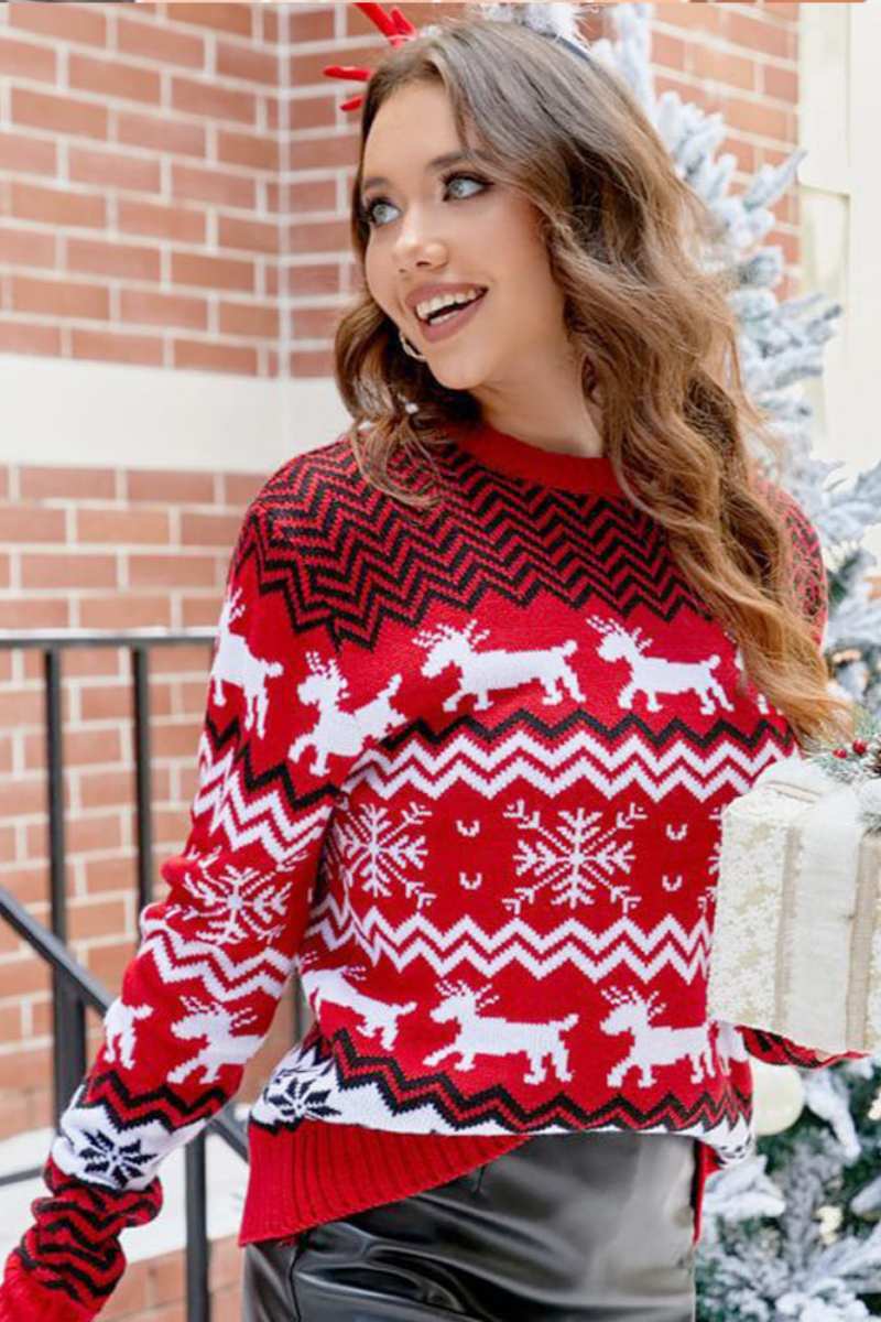 Striped Christmas Reindeer Knitted Sweater-ROVOLE