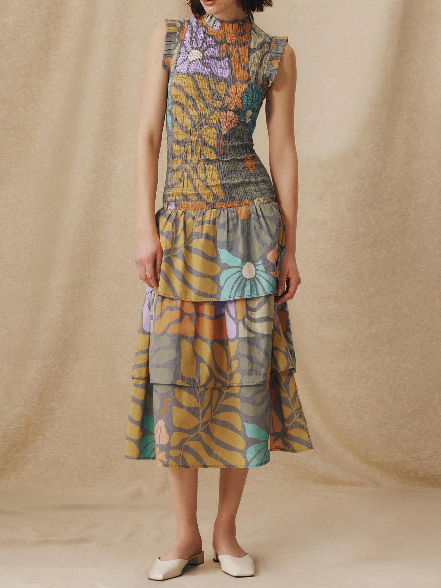 Multicolor Botanical Print Midi Dress-ROVOLE