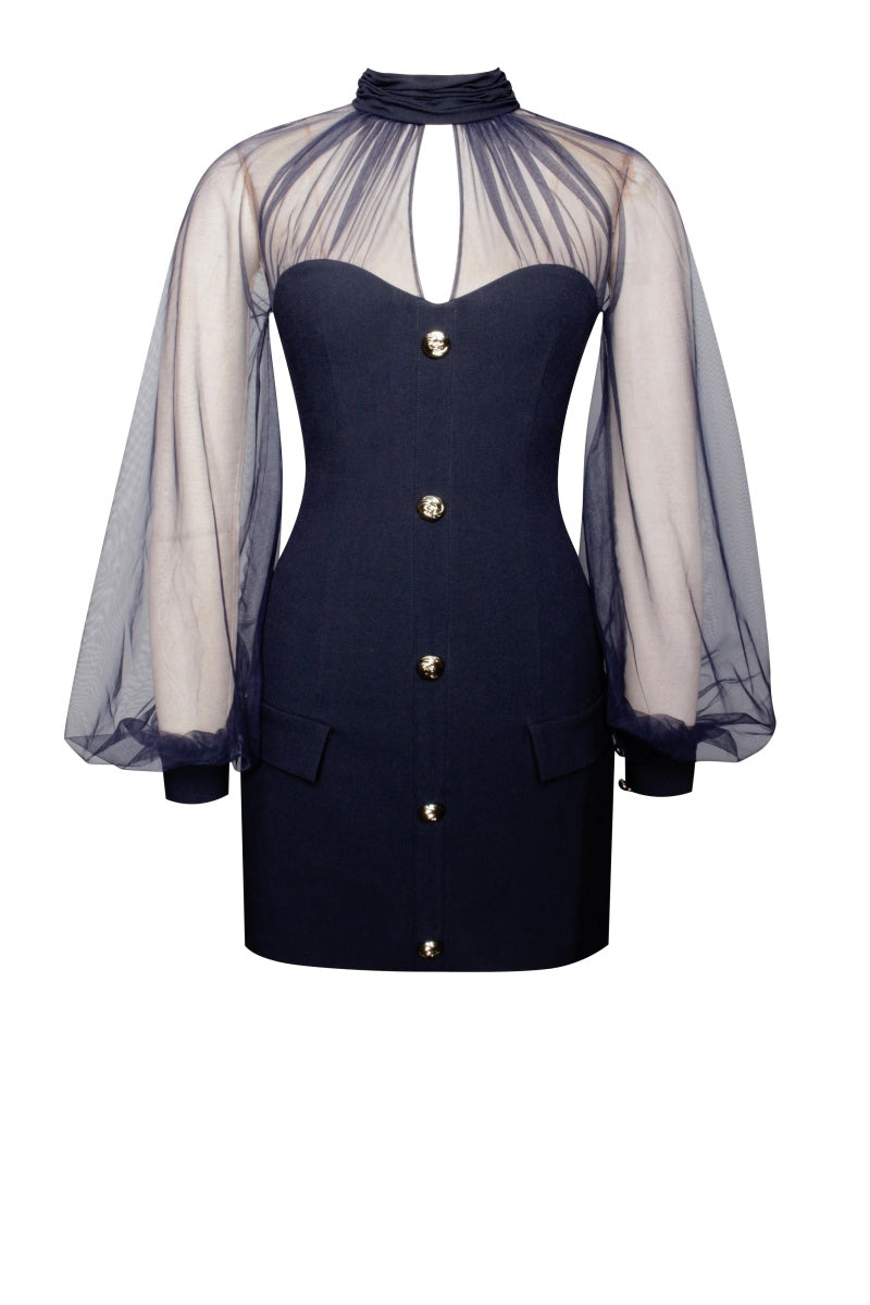 Tabitha Navy Blue Mesh Lantern Sleeve Mini Dress-ROVOLE