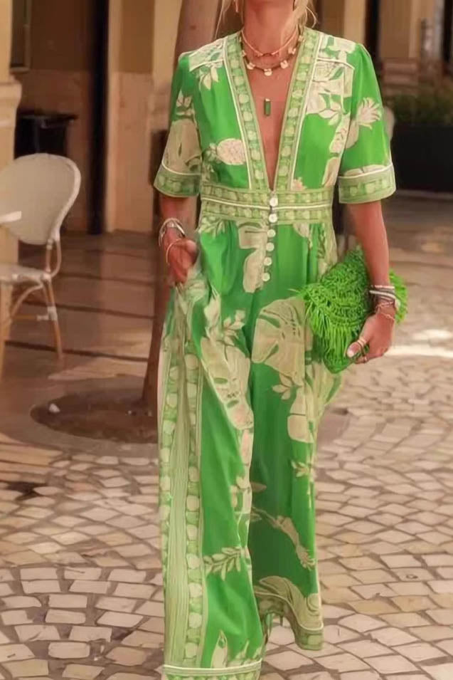 Stylish V-Neck Printed Jumpsuit-ROVOLE