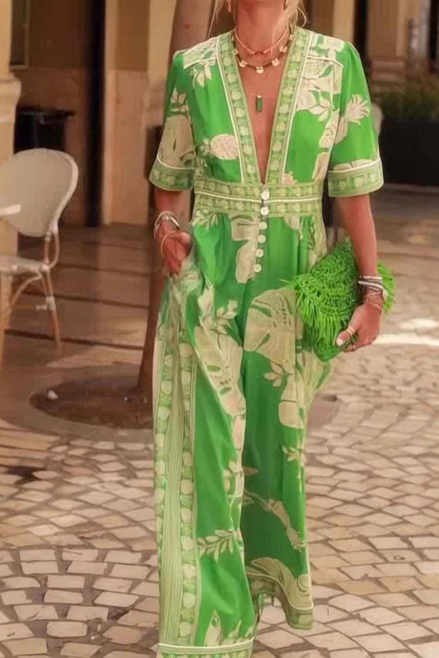 Stylish V-Neck Printed Jumpsuit-ROVOLE