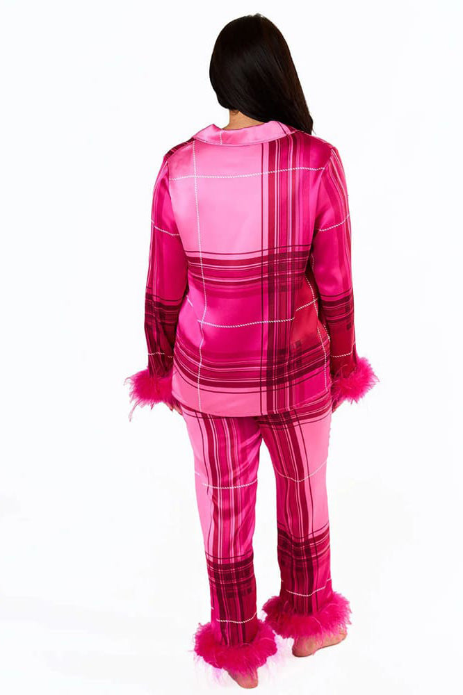 Pink Plaid Satin Pajama Set-ROVOLE