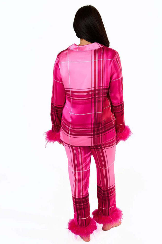Pink Plaid Satin Pajama Set-ROVOLE