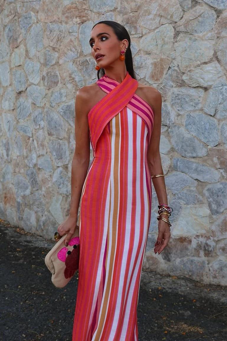 Sunset Samba Cross-Halter Stripe Dress-ROVOLE