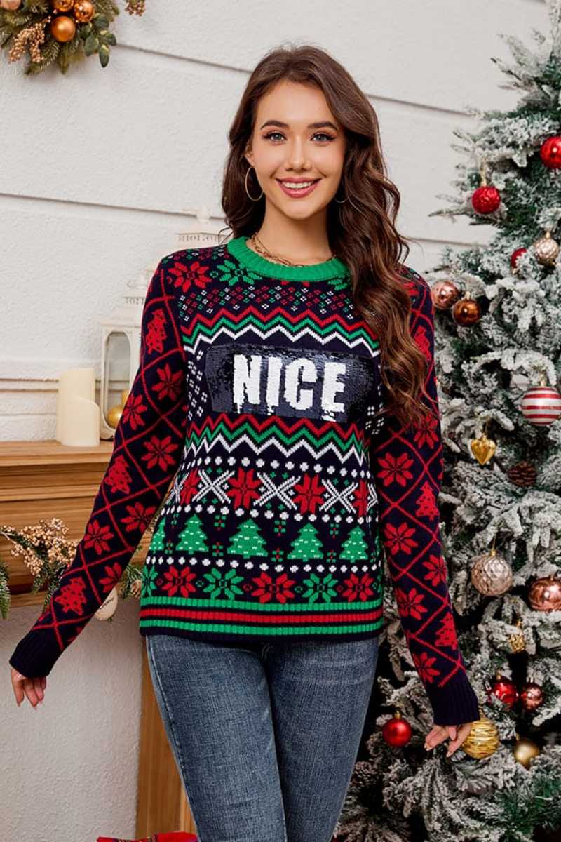 Sequin Embroidered Christmas Jacquard Knitted Sweater-ROVOLE