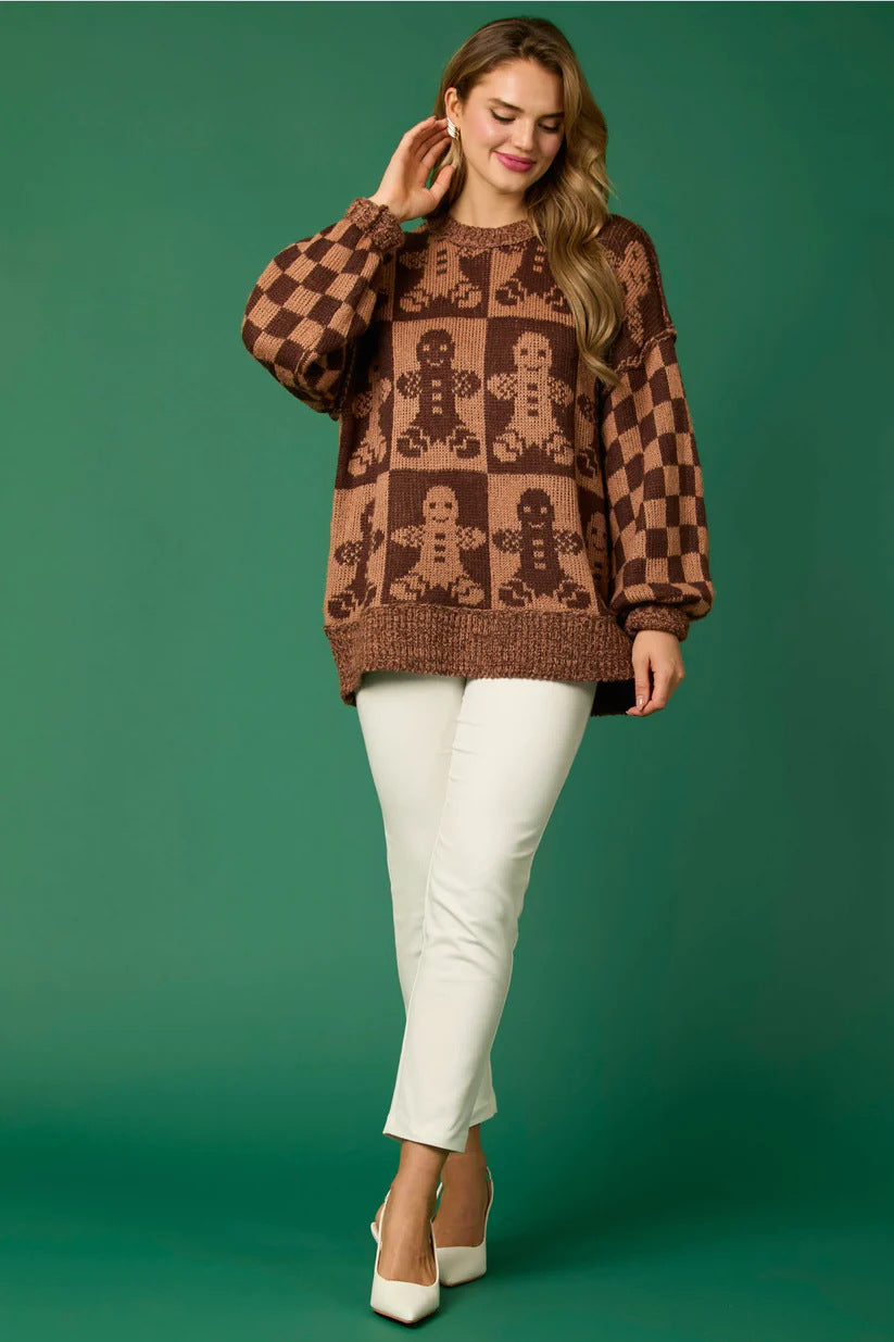 Candy Cane Christmas Needles & Gingerbread Man Knit Sweater-ROVOLE